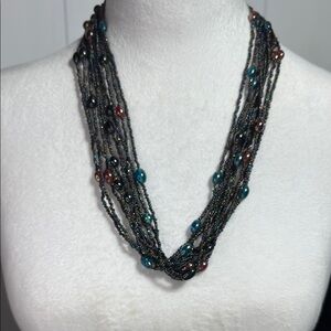 Multistrand blue/black/maroon beaded necklace